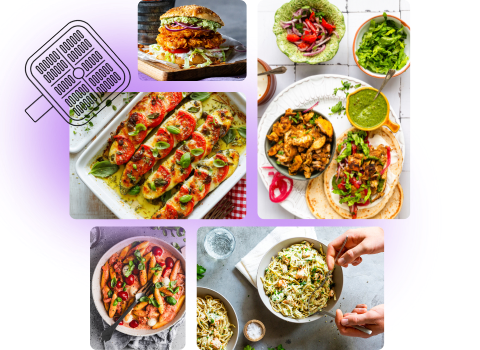 Airfryer-Rezepte: Knusprig, schnell und überraschend vielseitig. Collage aus Airfryer-Gerichten: gefüllte Zucchini, bunte Bowls, crunchy Burger.