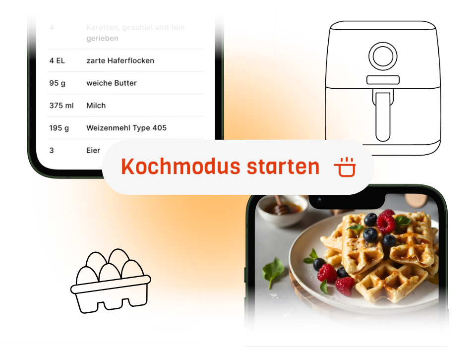 Schritt-für-Schritt im Kochmodus: Airfryer-Rezepte leicht gemacht. Die Air Fryer App mit Zutatenliste, Kochmodus-Button – daneben frische Waffeln mit Beeren.