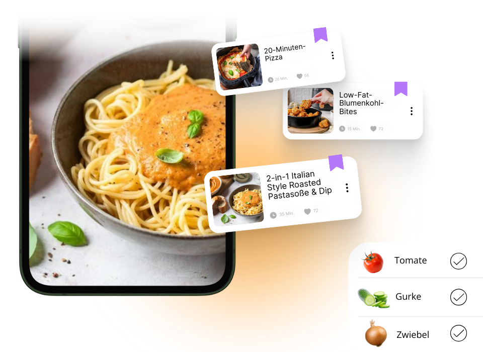 Meal-Planning leicht gemacht: Wochenpläne & Einkaufsliste in der Air Fryer App Smartphone mit Pasta-Gericht und Rezeptkarten – daneben Einkaufsliste mit Tomate, Gurke und Zwiebel