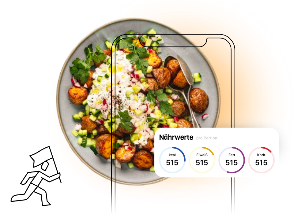 Gesunde Airfryer-Gerichte mit Nährwertangaben entdecken Teller mit knusprigen Kartoffeln und frischem Salat, daneben Nährwertangaben zu Kalorien, Eiweiß und Fett.