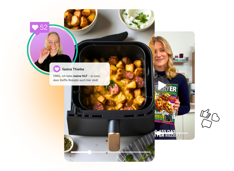 Creator-Videos & Food-Trends im Airfryer entdecken Creator zeigt Airfryer-Gericht mit knusprigen Kartoffeln und Wurststücken – daneben Social-Media-Reaktionen.