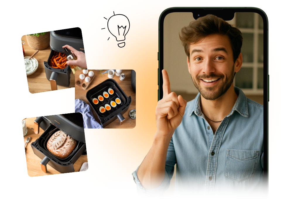 Airfryer Hacks & Tipps von Experten.  Airfryer-Tipps in Aktion: Brot backen, Eier zubereiten und crunchy Süßkartoffelpommes mit wenig Fett.